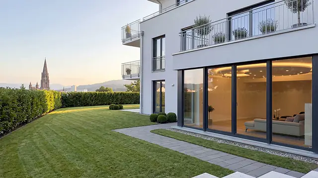 Visualisierung: gepflegte Wohnanlage mit frisch gemähtem Rasen, hinter der Glasfront eine beleuchtete Stufendecke